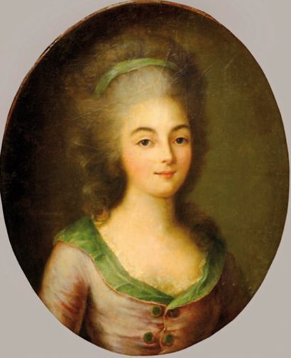 Vincent DEMONPETIT. (Actif à Paris vers 1763) Portrait de jeune fille. Toile ovale...