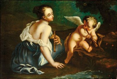 École FRANCAISE du XVIIIe siècle Vénus et Cupidon jouant de la flute. Toile d'origine....