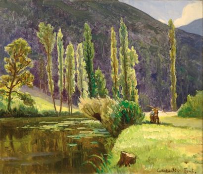 Constantin FONT(1890-1954) Couple près d'une rivière. Huile sur toile signée en bas...