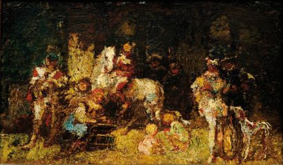 Adolphe MONTICELLI (1824-1886) Cavaliers, chien et enfants dans un sous-bois. Panneau...