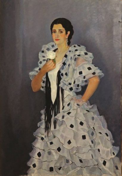 Alfonso GROSSO (1893-1983) Portrait de jeune femme à la robe andalouse et à la rose...