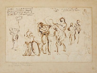 Eugène DELACROIX Antoine et Cléopâtre. Plume et encre brune, 23 x 35,5 cm. Annoté...