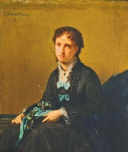 TONY ROBERT-FLEURY (1837-1912) Femme de qualité. Panneau, signé en haut à gauche....