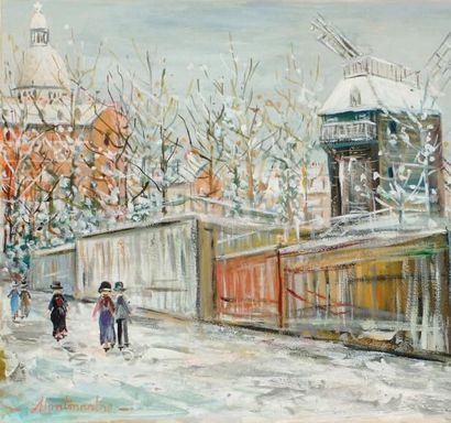 MAURICE UTRILLO (1883-1955) Montmartre sous la neige, le moulin de la galette. Gouache...