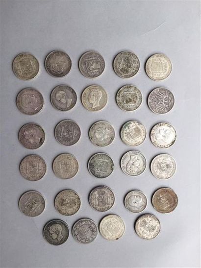 Espagne, 5 pesetas de 1870 à 1897. Belgique,...
