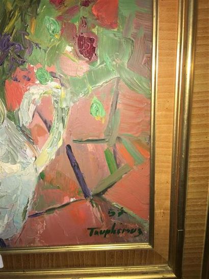 null Jacques TRUPHÉMUS (1922-2017).
Bouquet de coquelicots dans une cruche, 1957.
Toile...