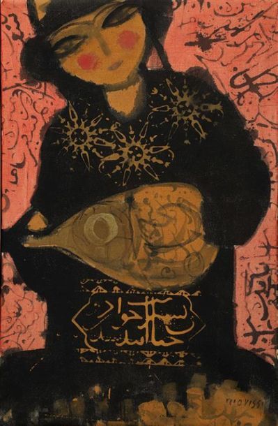  Nasser OVISSI (né en 1934). Femme au setar. Technique mixte sur toile, signée en...