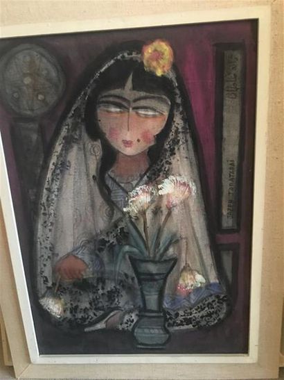 null Jazeh TABATABAI (1923-2008).
Femme assise en tailleur derrière un bouquet de...