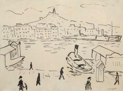  Albert MARQUET (Bordeaux 1875 Paris 1947). Vue de la « Bonne Mère » à Marseille....