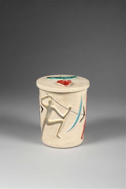  MARCELLE THIÉNOT (1907-1946). POT COUVERT CYLINDRIQUE en céramique émaillée craquelée...