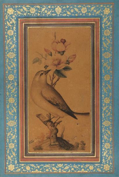null PÂGE D'ALBUM, IRAN QÂJÂR, XIXe siècle.
Rossignol posé sur un tronc d'églantier....