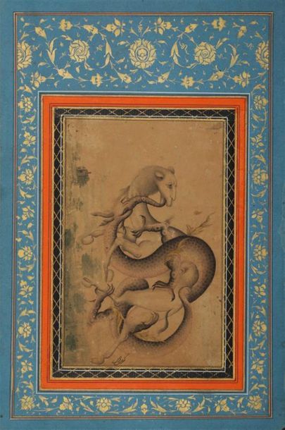 null PÂGE D'ALBUM, IRAN QÂJÂR, XIXe siècle.
Combat d'un dragon enroulé autour d'un...