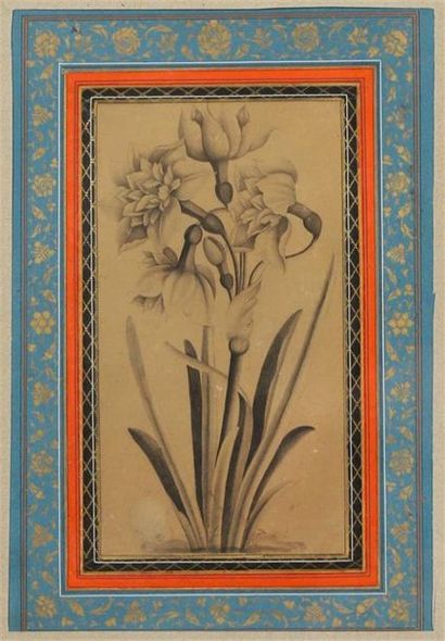 null PÂGE D'ALBUM, IRAN QÂJÂR, XIXe siècle.
Deux tiges de narcisse à quatre fleurs....