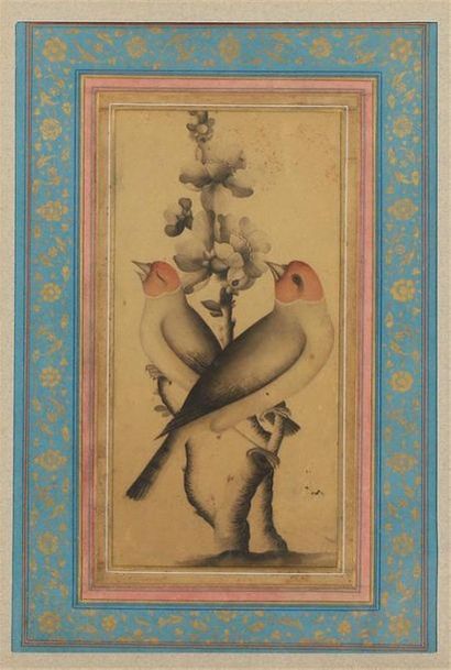 null PÂGE D'ALBUM, IRAN QÂJÂR, XIXe siècle.
Deux rossignols posés sur un tronc d'eglantier....