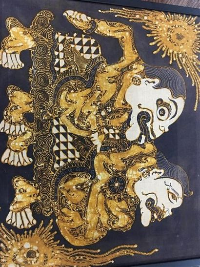null 4 batiks indonésiens représentant divinités et monstres, sur fond bleu ou jaune.
Années...