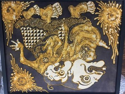 null 4 batiks indonésiens représentant divinités et monstres, sur fond bleu ou jaune.
Années...