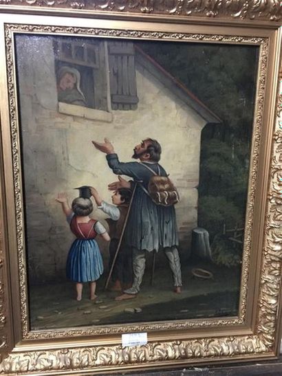 null Ecole française du XIXe. LECHEVALIER.
Les mendiants, père et enfants.
Huile...