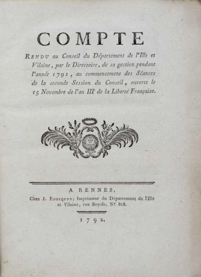 null [Bretagne]. 
- Directoire d'Ille et Vilaine, gestion de 1792 (titre au dos de...