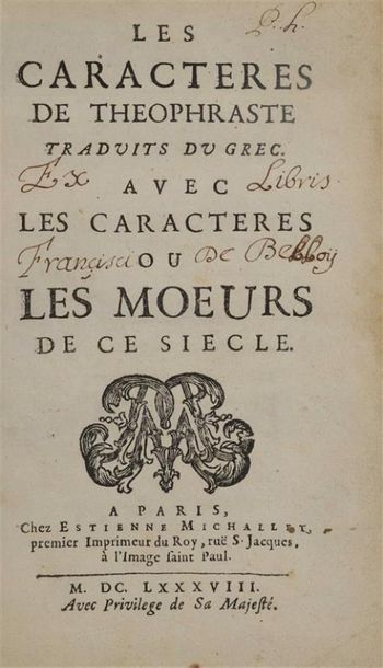 null LA BRUYERE. Les caractères de Théophraste, traduits du grec. Avec les caractères...