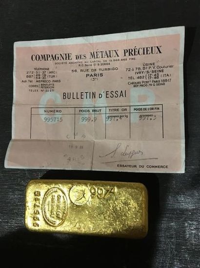 null Lingot d'or 997,4g, PB 999,9, Bulletin d'essai de la Compagnie des Métaux précieux,...