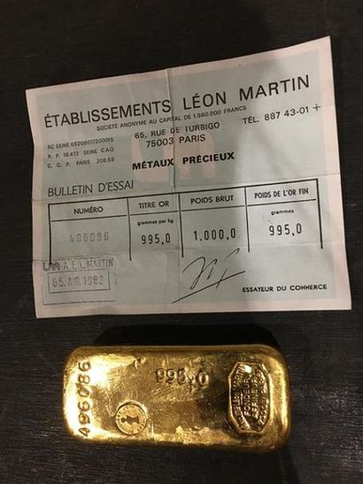 null Lingot d'or 995,0g, PB 1000,0, Bulletin d'essai des Etablissements Léon Martin...