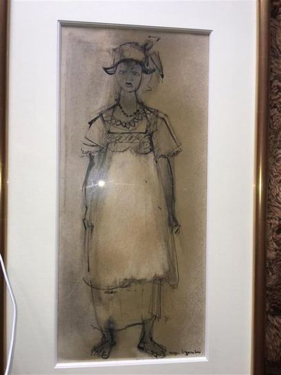 null Roger BEZOMBES (1913-1994).
Portrait de femme au chapeau.
Encre et lavis signé...