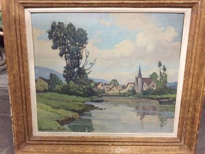 null Constantin FONT (1890-1954).
Paysage de village à la rivière
Huile sur panneau,...