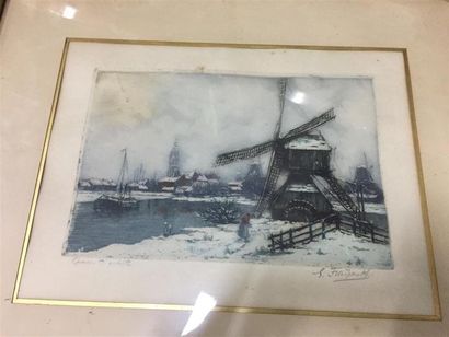 null Lot de pièces encadrées comprenant :
- Les moissoneurs , une lithographie d'après...