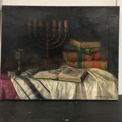 null Hélène PERGER-KASSEL (1876-1960).
Nature morte au livre et la menorah.
Huile...