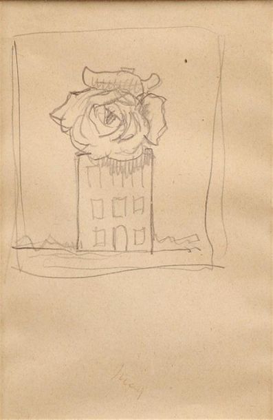  Attribué à René MAGRITTE (1898-1967). Recto : immeuble rose. Verso : études de rose....