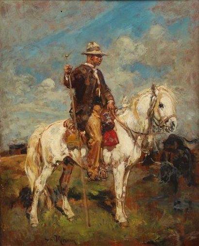  Henri ROUSSEAU (1875-1933). Gardian sur son cheval. Huile sur panneau signé en bas...