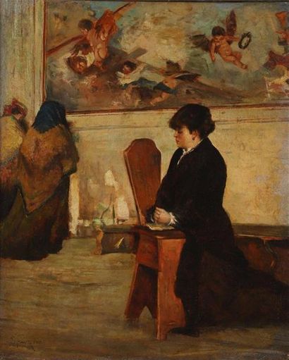 null Giacomo FAVRETTO (Venise 1849-1887).
Femme en prière.
Toile.
D. : 53 × 43 cm.
Signée...