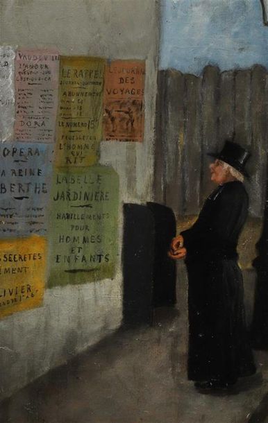  École FRANÇAISE du XIXe siècle. Les affiches et le curé. Huile sur toile marouflée...
