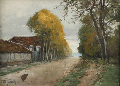 null Henri JOURDAIN (1864-1931).
Chemin bordé d'arbres et entrée de propriété.
Toile...