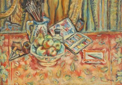 null Isaac PAILES (1895-1978).
Nature morte aux pinceaux, pommes et poires.
Huile...