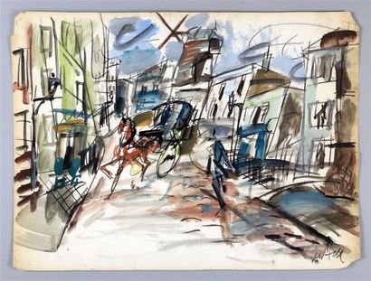 null GEN PAUL (1895-1975).
Rue de Montmartre avec calèche et moulin dans le fond.
Aquarelle...