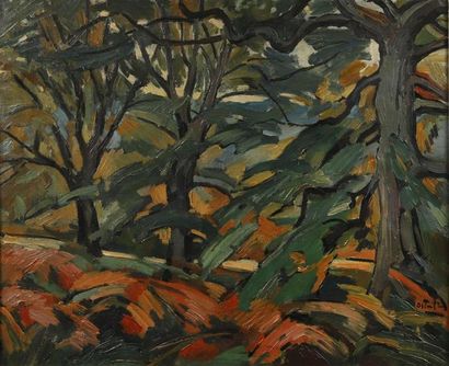 null Anders OSTERLIND (1887-1960).
Arbres en forêt.
Huile sur toile signée vers le...