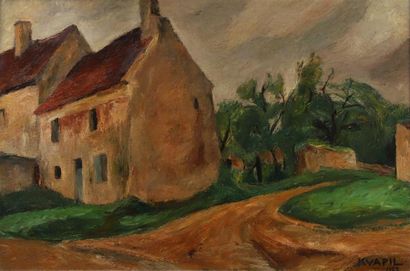 null Charles KVAPIL (1884-1957).
Paysage, rue de village, 1927.
Huile sur toile signée...