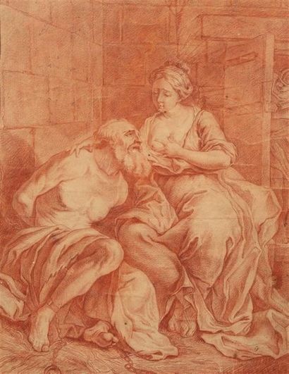  École FRANÇAISE du XVIIIe siècle. La Charité Romaine, d'après Rubens. Sanguine....