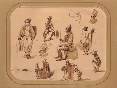 null Eustache BERAT (1792-1884).
Feuille d'étude de figures.
Plume et encre brune,...