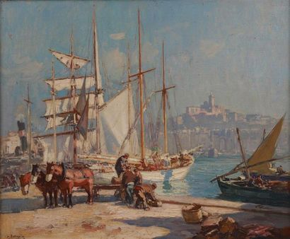  Henri Alphonse BARNOIN (1882-1940). Balancelle italienne au port de Marseille. Huile...