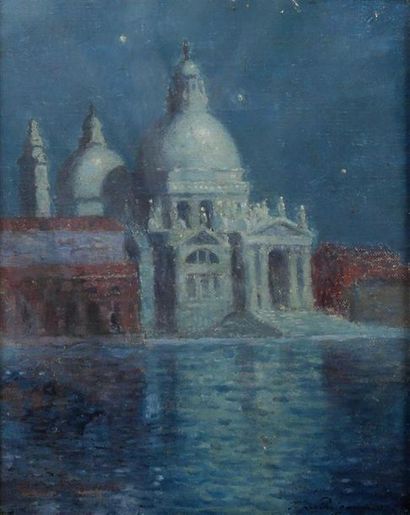  Ferdinand du PUIGAUDEAU (1864-1930). Santa Maria della Salute, Venise la nuit. Huile...