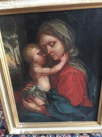 null École ITALIENNE du XVIIe siècle.
Vierge à l'enfant.
Huile sur toile.
(rentoilage,...