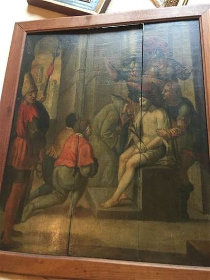 null École ITALIENNE du XVIIe siècle. ? 
Christ exposé. 
Huile sur 3 panneaux assemblés.
(Petits...