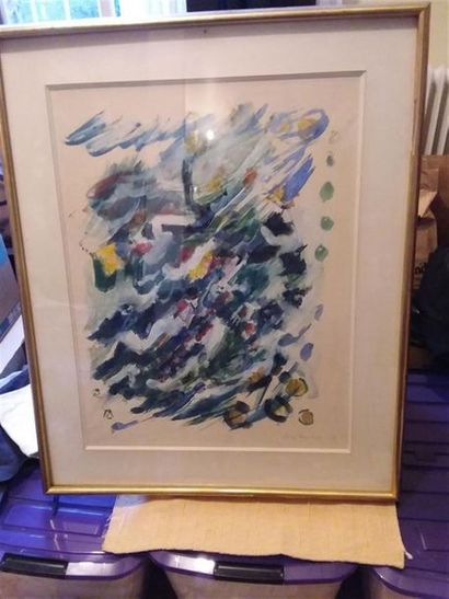  Pierre HUMBERT. Composition bleu, vert, jaune. Aquarelle sur papier signé et daté...