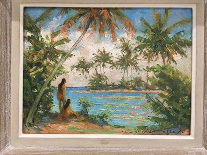 null Louis ROLLET (1895-1988).
Paysage de Tahiti.
Huile sur isorel signé en bas à...