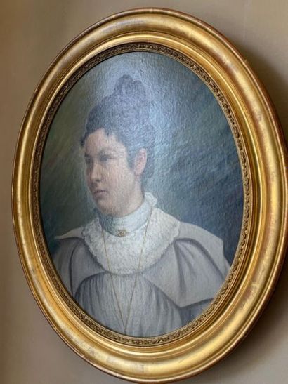 null Ecole FRANCAISE de la fin du XIXe siècle. 
Portrait de jeune femme en buste.
Huile...