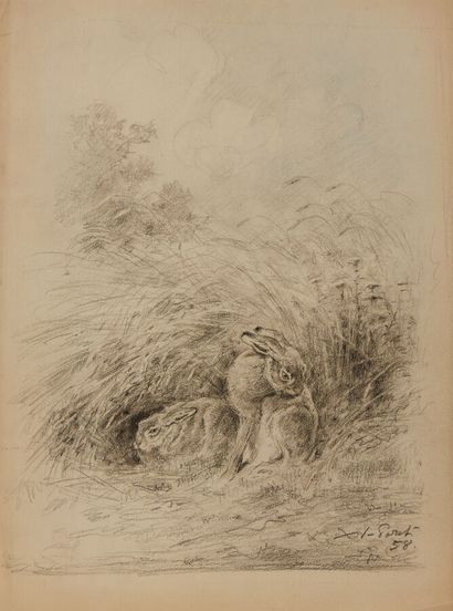  de PORET Xavier (1894-1975)
Deux lièvres dans les hautes herbes
Fusain et crayon... Gazette Drouot