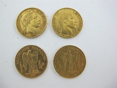 null 4 pièces de 20 Francs en or, Napoléon IIII, tête nue 1856, tête laurée 1867,...