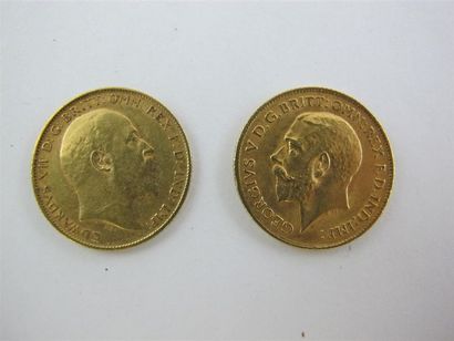 null 2 pièces en or Souverain 1908 et 1912. Poids : 7.9 g.